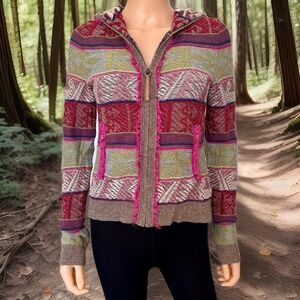 Anthropologie MOTH Zip Hoodie Boho Sweater XS Wool Blend Woven Aztec Long Sleeve
